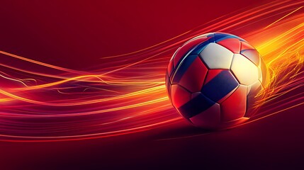Soccer ball in motion with dynamic light trails.