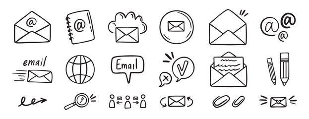 mail and email icon doodle hand drawn set. Outline drawing mail and email line clipart symbol collection