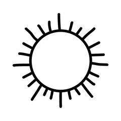 Minimal hand-drawn sun icon with bold black lines and radiating rays. Simple boho aesthetic perfect for tattoo design, stickers, logo, web elements, kids art, and summer-themed graphics. Vector art