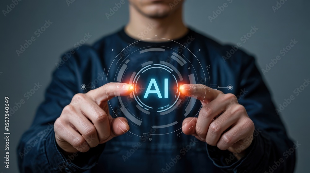 Poster man touches ai interface with fingers. artificial intelligence.