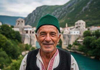 Smiling Bosnian Man in Traditional Clothing near Old Bridge