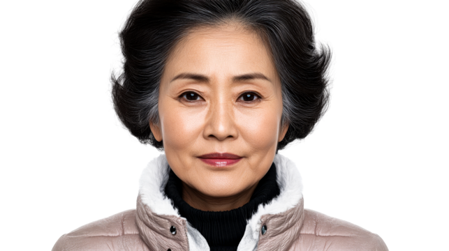 Senior Asian woman portrait, elegant jacket, front view, cut out transparent