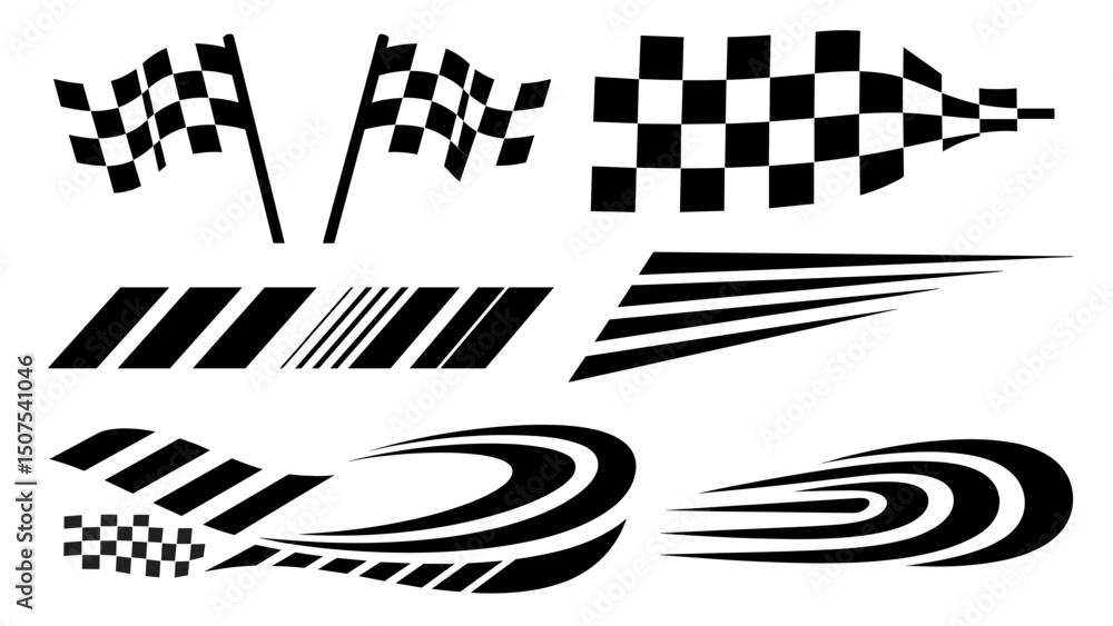 Poster vector collection of checkered racing flags and stylized speed lines graphic elements vector illustr