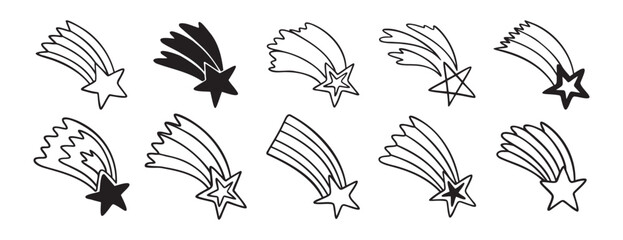 falling stars doodle hand drawn icon set. Outline drawing making a wish falling star line clipart symbol collection