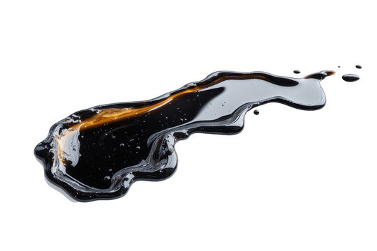 Black liquid spill with gold sheen on white background on transparent background