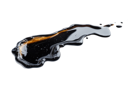 Black liquid spill with gold sheen on white background on transparent background