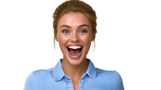 Joyful blonde woman with open mouth expression, cut out transparent