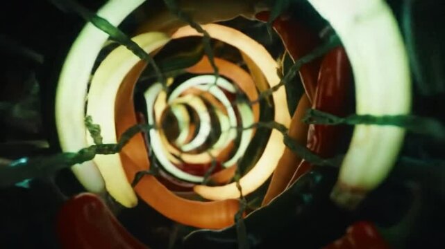 Whirlwind Of Colorful Peppers And Stems Growing Through A Spiral Tunnel