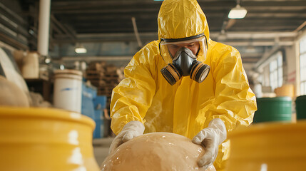 Person in protective suit handling hazardous materials. Safe handling protocols. Personal protective equipment is vital for safety.