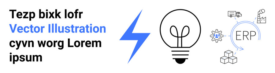 Light bulb with logistics symbols, ERP interface elements, and a lightning icon. Ideal for innovation, logistics, ERP systems, energy solutions, technology, business strategies simple landing page