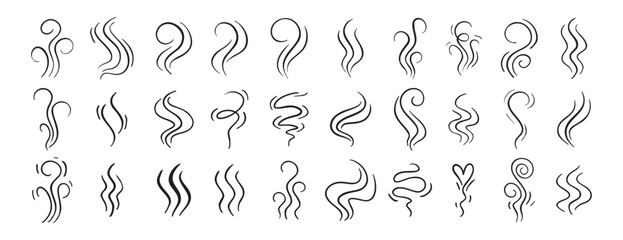 Obraz premium Fire steam or Line smoke doodle hand drawn set. smell waves from food or coffee and beverages sketch style.