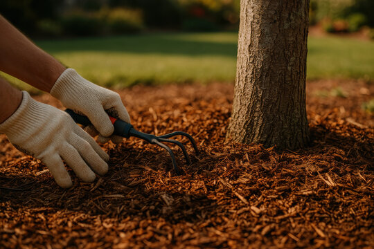 Applying Mulch Around Tree: A person wearing protective gloves is carefully applying mulch around the base of a tree in a yard to protect, enrich the soil, and help retain moisture.
