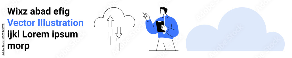Poster man pointing towards cloud computing concept with arrows showing data exchange, stylized minimalisti