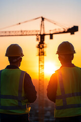 Construction Workers at Sunset. Observing project progress, wearing safety gear. Inspiring teamwork & dedication in construction industry at dawn.