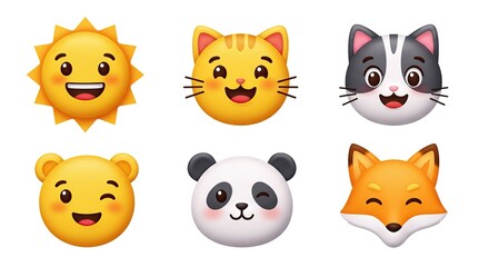 Set of Cute 3D Animal and Sun Emojis - Expressive Cartoon Icons with Vibrant Colors for Digital Communication and Children's Content.