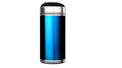 Water bottle with metallic design and blue gradient, cut out transparent