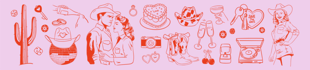 Disco Vegas Wedding Collection. Hand drawn romantic drawing Just married couple, cowboy hat, boots, disco ball, casino illustration. Girly cowgirl doodle style. Western party sketch.