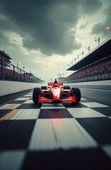 Obraz premium Red race car speeds down race track, checkered finish line. Indy car racing with crowds in stands. Auto sport action, fast speed competition, motor racing event.