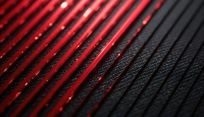 Abstract illustration features red, black carbon fiber stripes, dynamic visual style. Geometric lines, diagonal angles. Modern contemporary design, perfect for tech, automotive, sport, luxury themes.