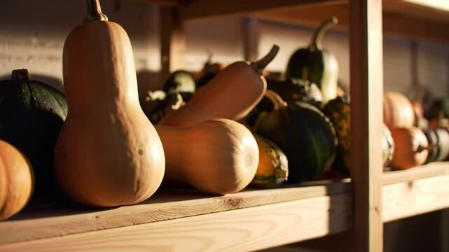 Autumn Bounty: Shelves Stocked With Seasonal Gourds and Squashes Display