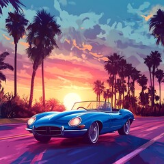 Vibrant sunset view of a classic convertible car.