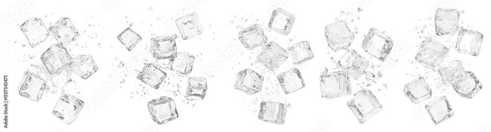 Poster png floating ice cubes splashing water, element set on transparent background