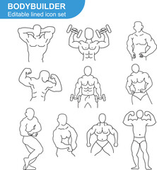 Set of Bodybuilder Pose Icons. Gym Workout Silhouettes for Fitness, Exercise, and Muscle Training