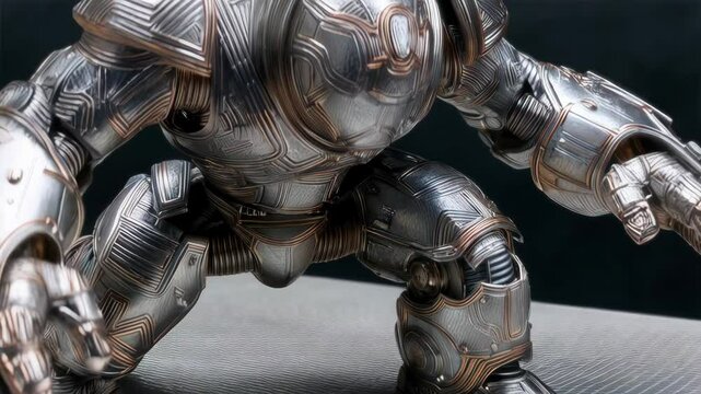 Detailed silver robot figure stands aggressively, poised for attack with intricate lines and armored construction.