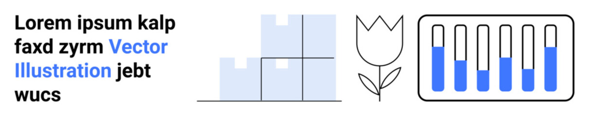 Bar chart, stylized tulip flower, and test tubes with liquid representing data, science, and creativity. Ideal for analytics, science, nature, reports sustainability research or a simple landing