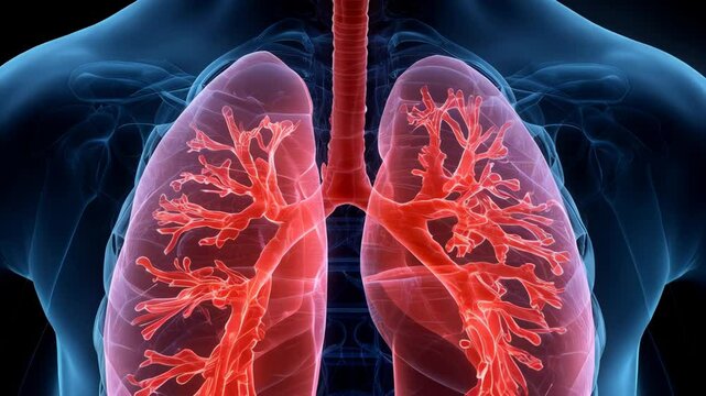 Human body anatomy showing respiratory system with lungs, bronchi, alveoli, and thorax in translucent blue medical visualization