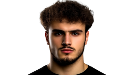 Young man portrait, curly brown hair, stubble beard, intense gaze, cut out transparent