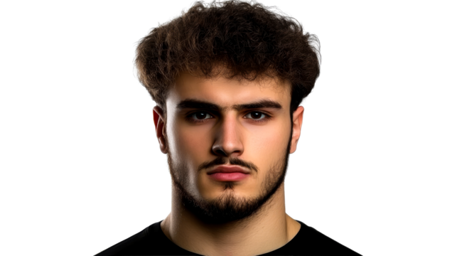 Young man portrait, curly brown hair, stubble beard, intense gaze, cut out transparent