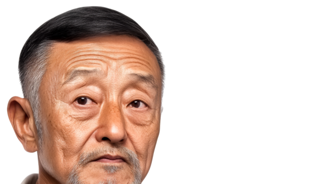 Close-up of older Asian man's face and expression, cut out transparent