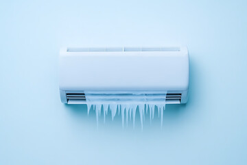 Icy air conditioner. Malfunctioning cooling unit with icicles. Extreme cooling power. Frozen indoors. Cold wave effect.  Frosty appliance failure.