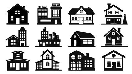 Pack Of Black Building And Home Icons In Architectural Style