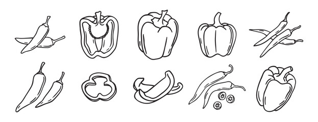 red hot chili peppers and bell peppers doodle hand drawn icon set. Outline drawing red hot chili peppers and bell peppers line clipart symbol collection