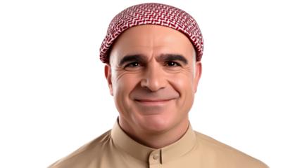 Middle Eastern man with kufiya smiling, headshot, cut out transparent