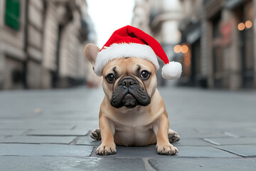 Festive Fawn: A charming fawn-colored puppy dons a red and white holiday hat, sitting sweetly on a gray cobblestone street, exuding heartwarming seasonal cheer.