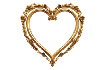 Gold frame in heart shape isolated on a transparent background