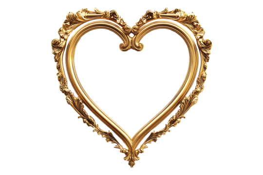 Gold frame in heart shape isolated on a transparent background