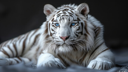 Fototapeta premium White tiger with blue eyes , laying down taking professional photo.