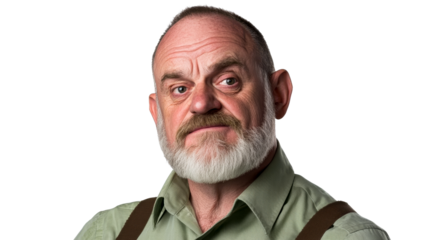 Thoughtful mature man portrait looking at camera, cut out transparent