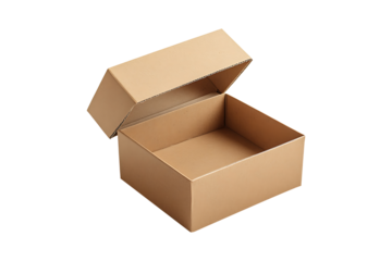 Empty cardboard gift box with open lid isolated on a transparent background