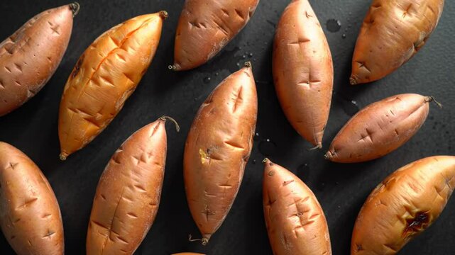 Sweet Potatoes Freshly Harvested With Earthy Hues Displayed On Black Surface