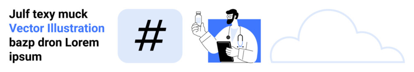 Doctor holding flask, metadata tag symbol, cloud element. Ideal for healthcare, technology, data sharing, innovation, communication, networking simple landing page