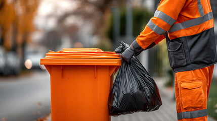 Garbage Collector Placing Black Bag into Orange Bin – Ultra-Realistic Close-Up on Street
