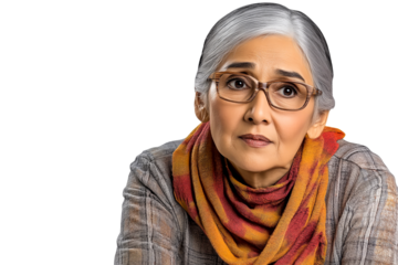 Senior Asian woman with scarf and glasses gazes, cut out transparent
