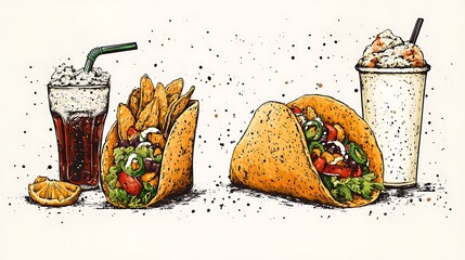 Illustration of a soda, tacos, and a milkshake.