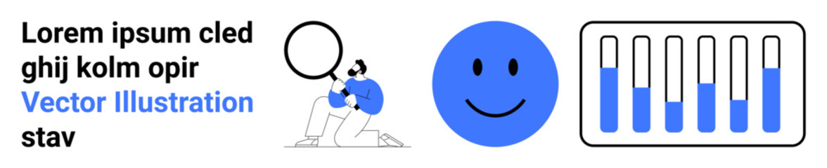Individual studying a graph with a magnifying glass, blue happy face icon, and vertical progress bars. Ideal for analysis, productivity, feedback, success tracking, happiness, monitoring simple