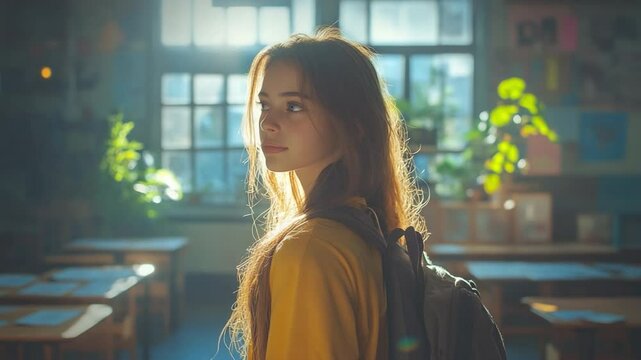 Schoolgirl Dreams: In a sun-drenched classroom, a contemplative schoolgirl stands with her backpack, bathed in light, her gaze drifting towards an open window.